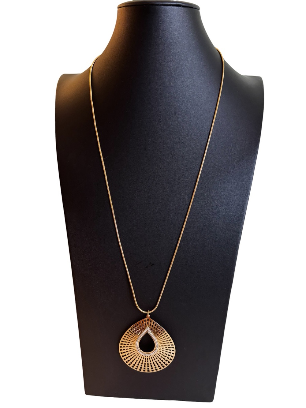 Gold Tone Teardrop Pendant Statement w/ Openwork Design & Pave Crystals.